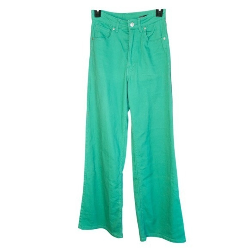 HM Divided Green Wide Leg Jeans High Waist Cotton Blend Size 4 Retro Style PANS